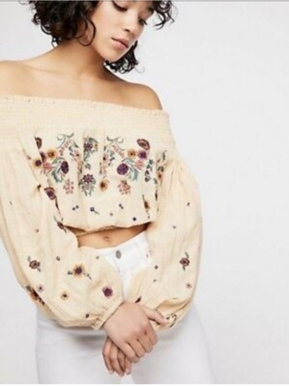 Free People Saachi Smocked Off-Shoulder Embroidered Top